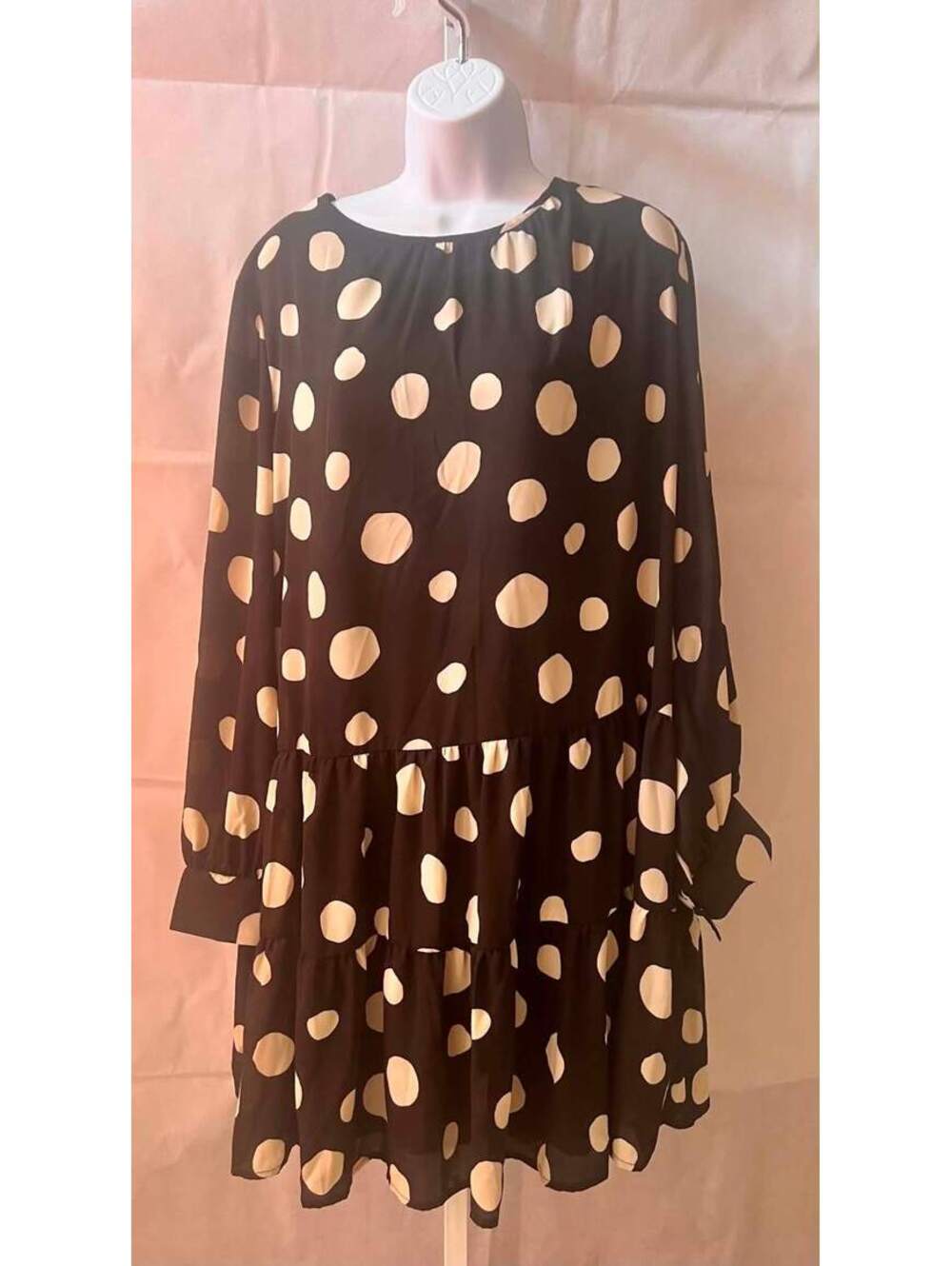 Who What Wear XXL Black Ivory Polka Dot Long Sleeve Tiered Mini Dress